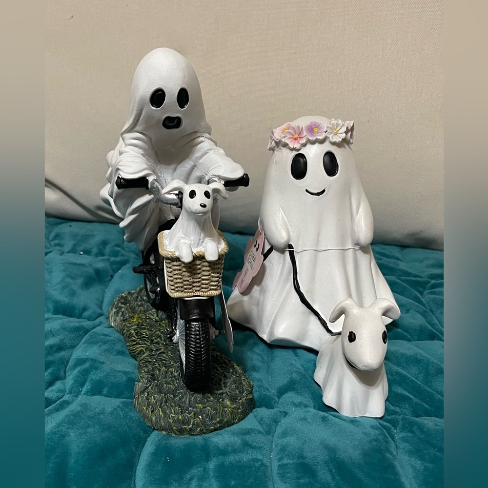 Goblin and Ghoul figure decor ghost riding bike dog and ghost walking dog